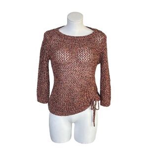 Ruby Rd Women's Size S Brown Metallic Crochet Pullover Sweater 3/4 Sleeve